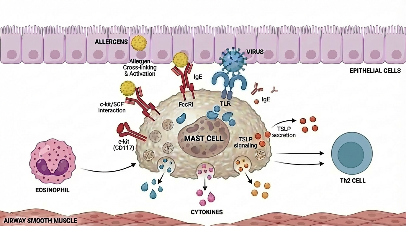 Mast cell signaling diagram showing allergen cross-linking, c-kit/SCF interaction, cytokine release, and Th2 cell activation in airway epithelium